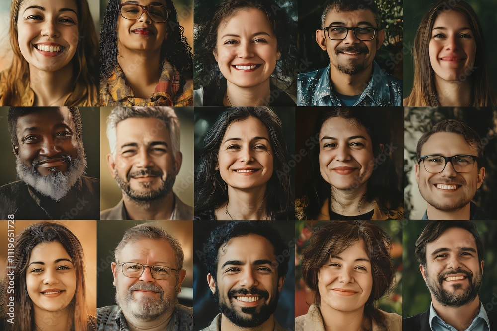 Diverse group of professionals is smiling confidently in a series of close up portraits