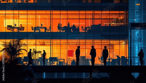 A contemporary office building at night with silhouetted workers and bright lights, conveying a busy atmosphere.