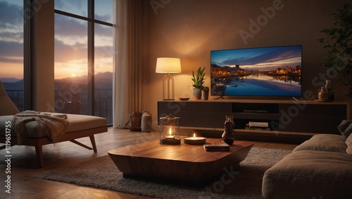 Mock Up 3D TV Screen with Remote Warm living room with TV and sunset view through large windows