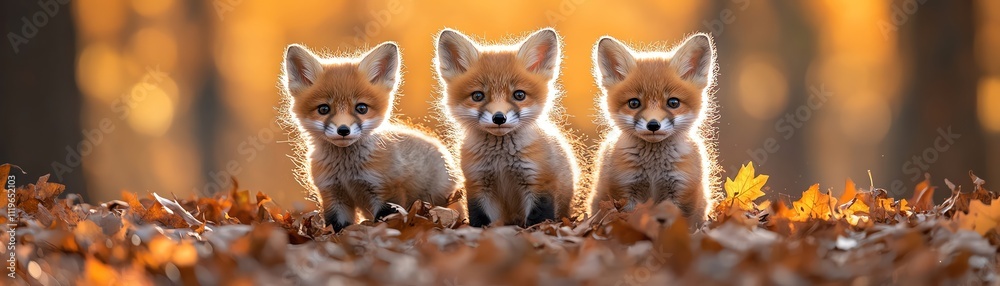 Fox kits playing in autumn leaves, golden light, vibrant fall colors, lively scene Fox kits playing in autumn leaves, golden light, vibrant fall colors, lively scene