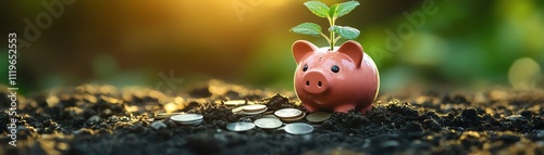 Wallpaper Mural Pink piggy bank with a small plant growing from it, surrounded by coins, symbolizing saving and growth Torontodigital.ca