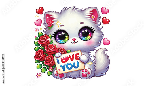 Cute White Cat Holding "I Love You" Sign with Red Rose and Hearts
