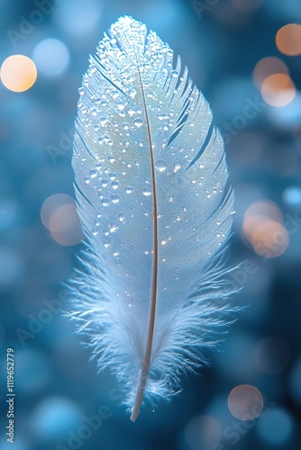 Soft white feather on a light blue textured surface, ethereal and light, focus on delicate details, dreamy bokeh