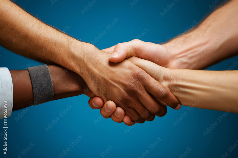Close up of business people joining hands over blue background, symbolizing unity and partnership Close up of business people joining hands over blue background, symbolizing unity and partnership
