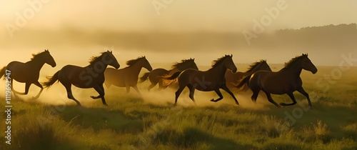 A herd of wild mustangs galloping through a lush green prairie their manes and tails flowing against a golden sky