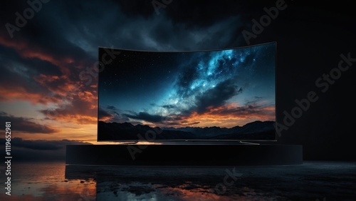 Mock Up 3D TV Screen with Remote Curved TV showcasing galaxy scene against dramatic sunset photo