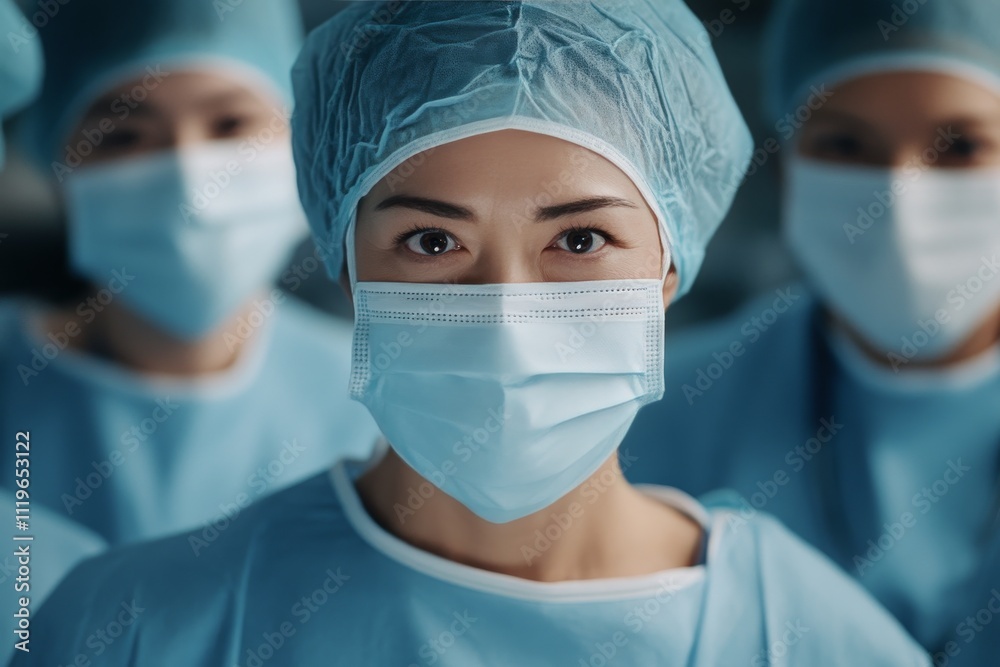 Healthcare professionals in blue scrubs and masks ready for service in a clinical setting Healthcare professionals in blue scrubs and masks ready for service in a clinical setting