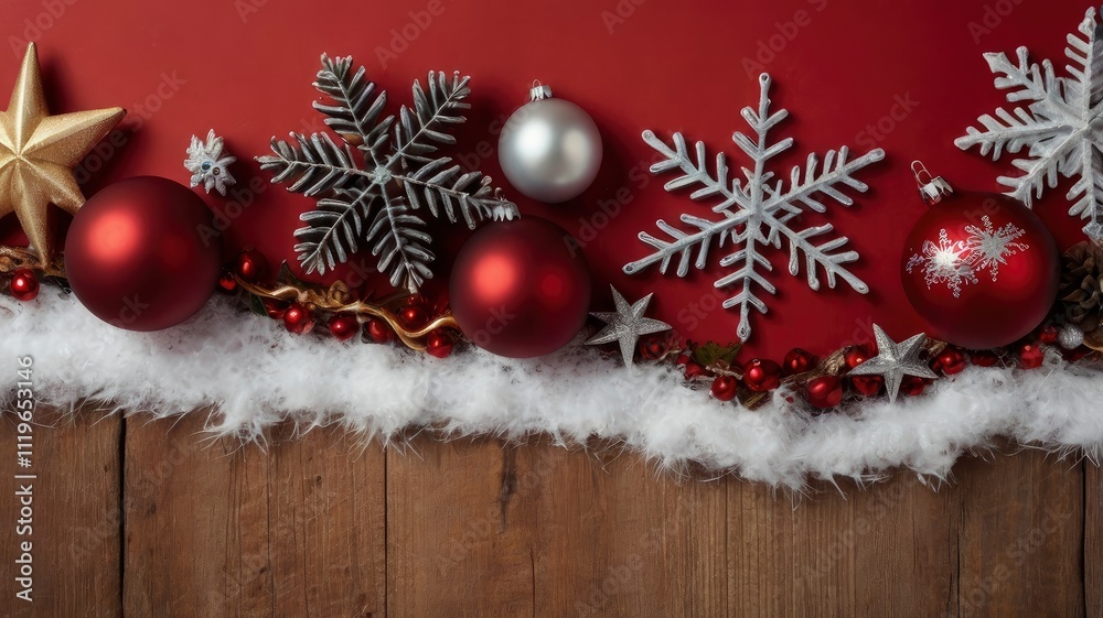 Christmas Border concept on the red background. Top view with copy space for your text. Christmas Border concept on the red background. Top view with copy space for your text.