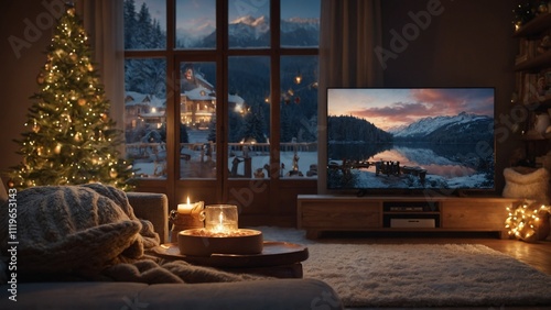 Mock Up 3D TV Screen with Remote Festive living room with Christmas tree and TV displaying snowy lake