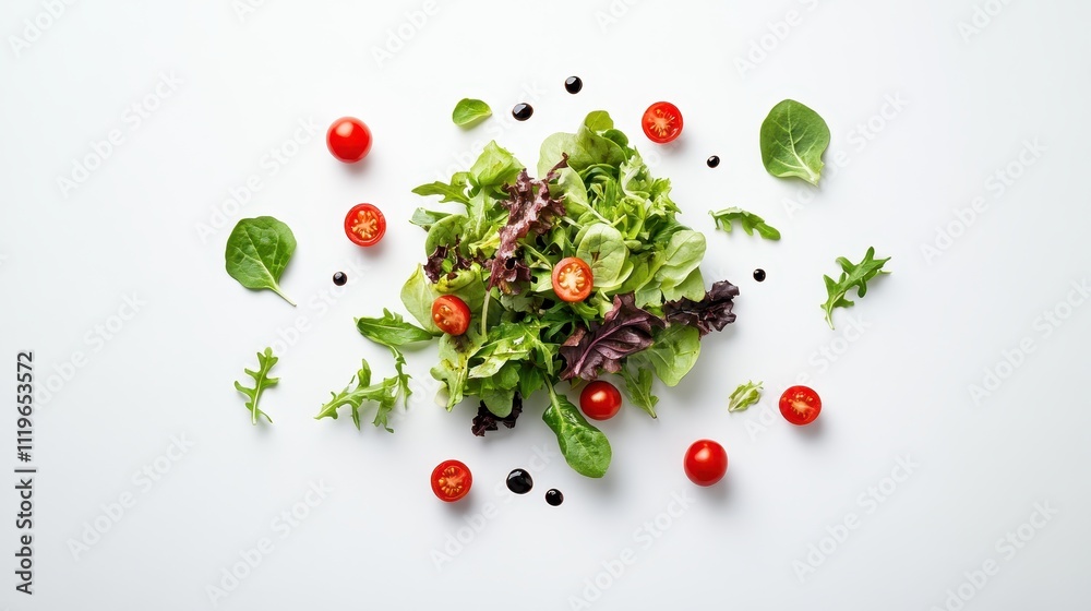 Fresh salad with cherry tomatoes and greens arranged artistically on a white background.