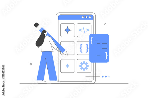 Character developing new mobile app. Developer team programming and coding code for mobile user interface. Development process concept. Flat Cartoon Vector Illustration, icon. Stylish abstract