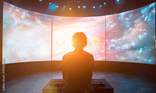 Gamer sits in front of massive immersive screen displaying swirling cosmic visuals, vibrant blue and orange hues in futuristic, dimly-lit environment. esports, tech, virtual, creative visual design