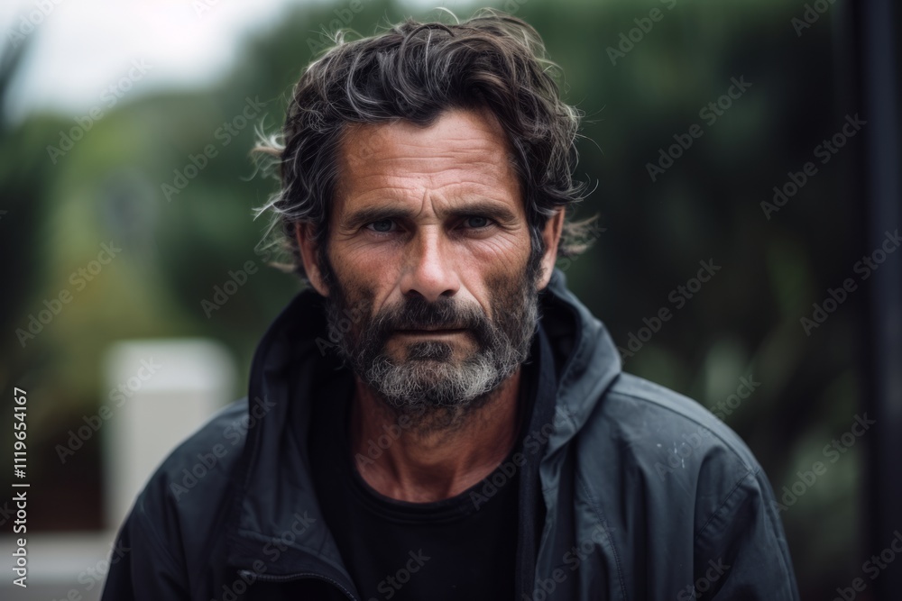 Portrait of a man with a beard and mustache in the street Portrait of a man with a beard and mustache in the street