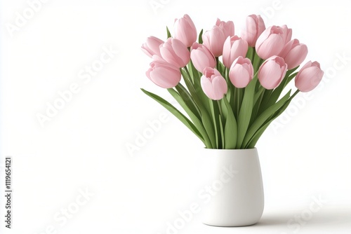 Fresh pink tulips arranged in a white vase on a simple background