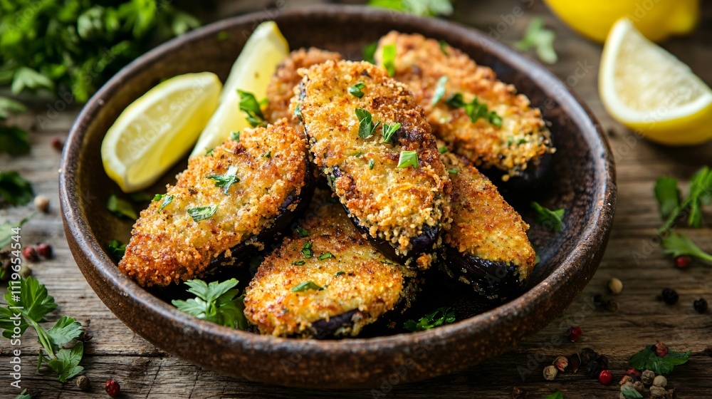 A rustic tabletop scene with French fried eggplant on a vintage plate, surrounded by fresh herbs and lemon wedges A rustic tabletop scene with French fried eggplant on a vintage plate, surrounded by fresh herbs and lemon wedges