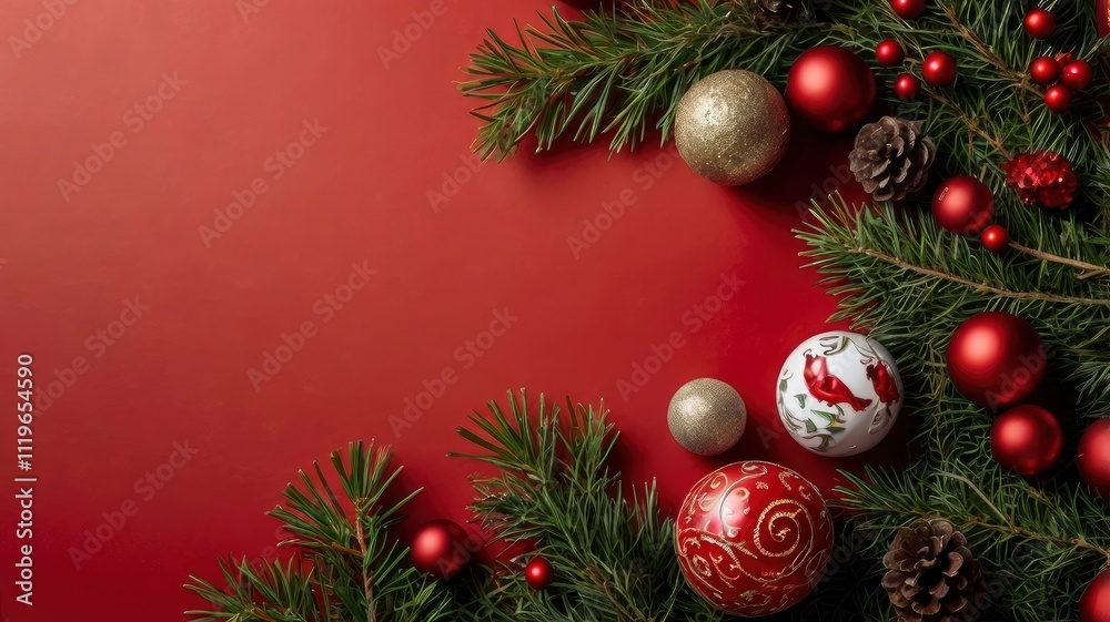 Christmas Border concept on the red background. Top view with copy space for your text. Christmas Border concept on the red background. Top view with copy space for your text.