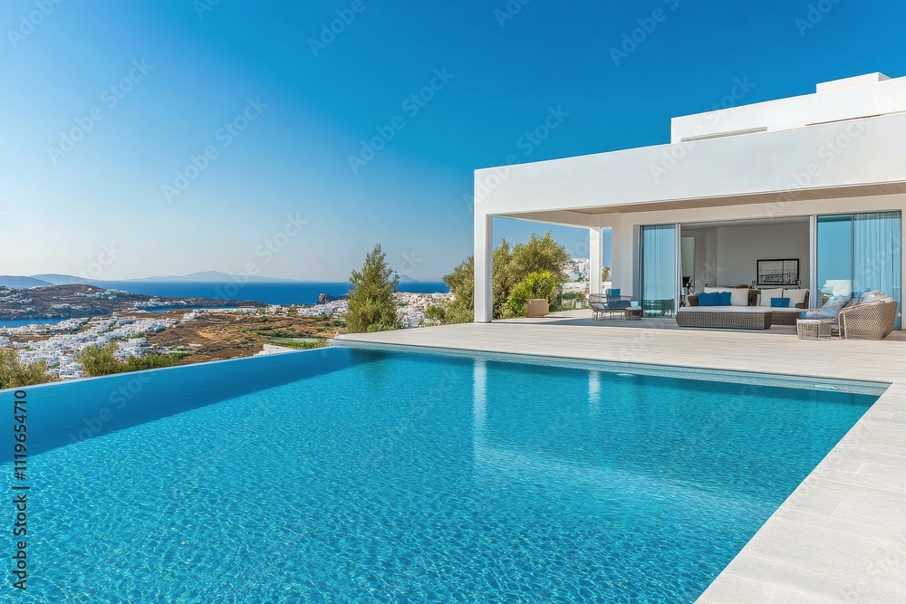 Fototapeta premium Modern villa with infinity pool overlooking the ocean in a coastal location