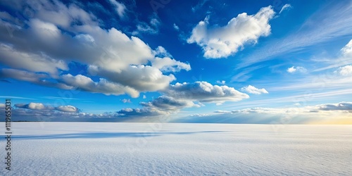 Serene Winter Landscape Expansive Snowfield Under a Vivid Blue Sky with Puffy Clouds