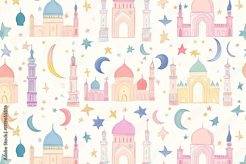 mosque wallpaper with repeating patterns of mosques and stars, creating a whimsical and festive design for Islamic holidays mosque wallpaper with repeating patterns of mosques and stars, creating a whimsical and festive design for Islamic holidays