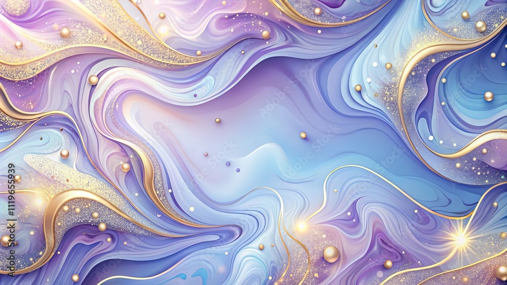 Fototapeta premium Abstract Swirling Lavender and Gold Marble Texture with Glittering Particles and Pearls