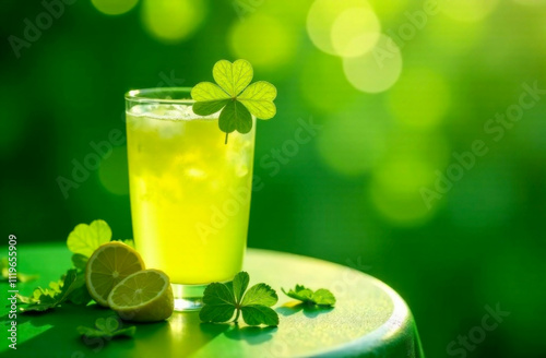 Glass of green lemonade and lime on St. Patrick's Day on a summer day. Holidays, fun concept.