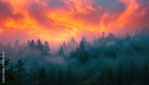 Misty landscape featuring a fir forest in a vintage retro aesthetic