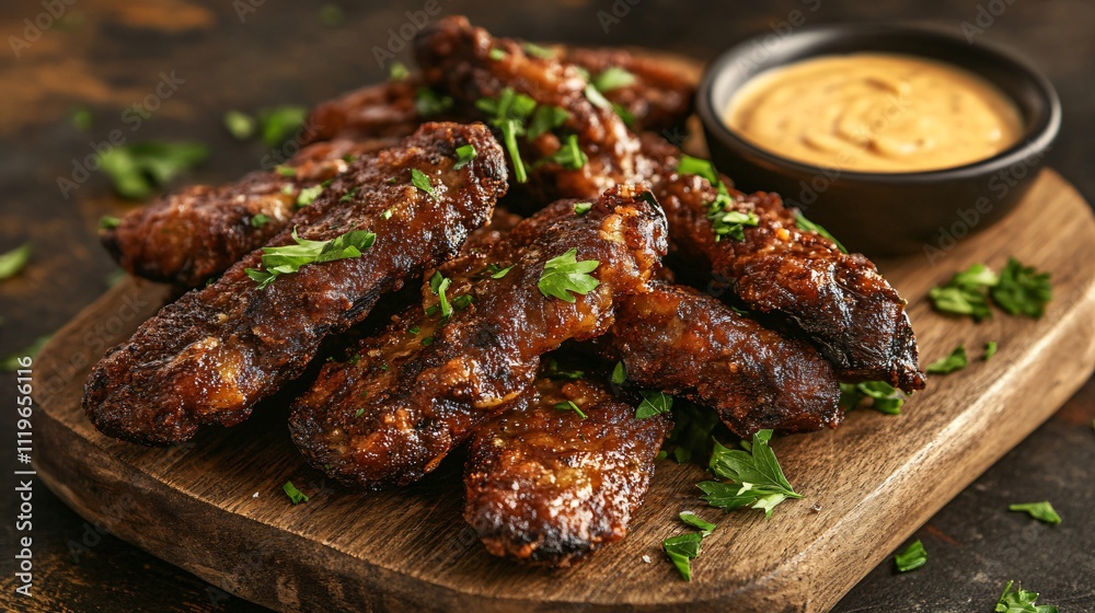 Crispy French fried eggplant slices served on a rustic wooden platter, garnished with parsley and accompanied by a creamy dipping sauce Crispy French fried eggplant slices served on a rustic wooden platter, garnished with parsley and accompanied by a creamy dipping sauce
