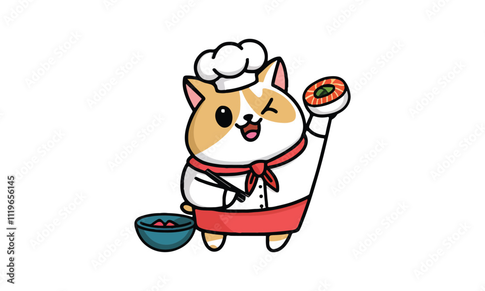 Naklejka premium Cute Chef Cats Holding Sushi and Chopsticks in Traditional Japanese Outfits 
