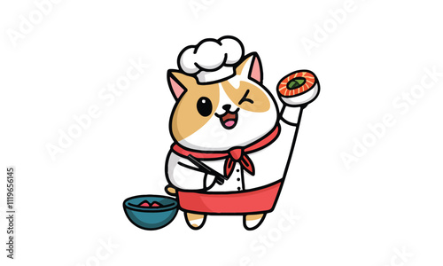 Cute Chef Cats Holding Sushi and Chopsticks in Traditional Japanese Outfits
