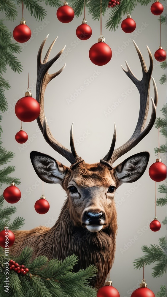 Naklejka premium A majestic deer with large antlers surrounded by Christmas ornaments and pine branches. Perfect for Christmas cards, posters, and holiday decorations.