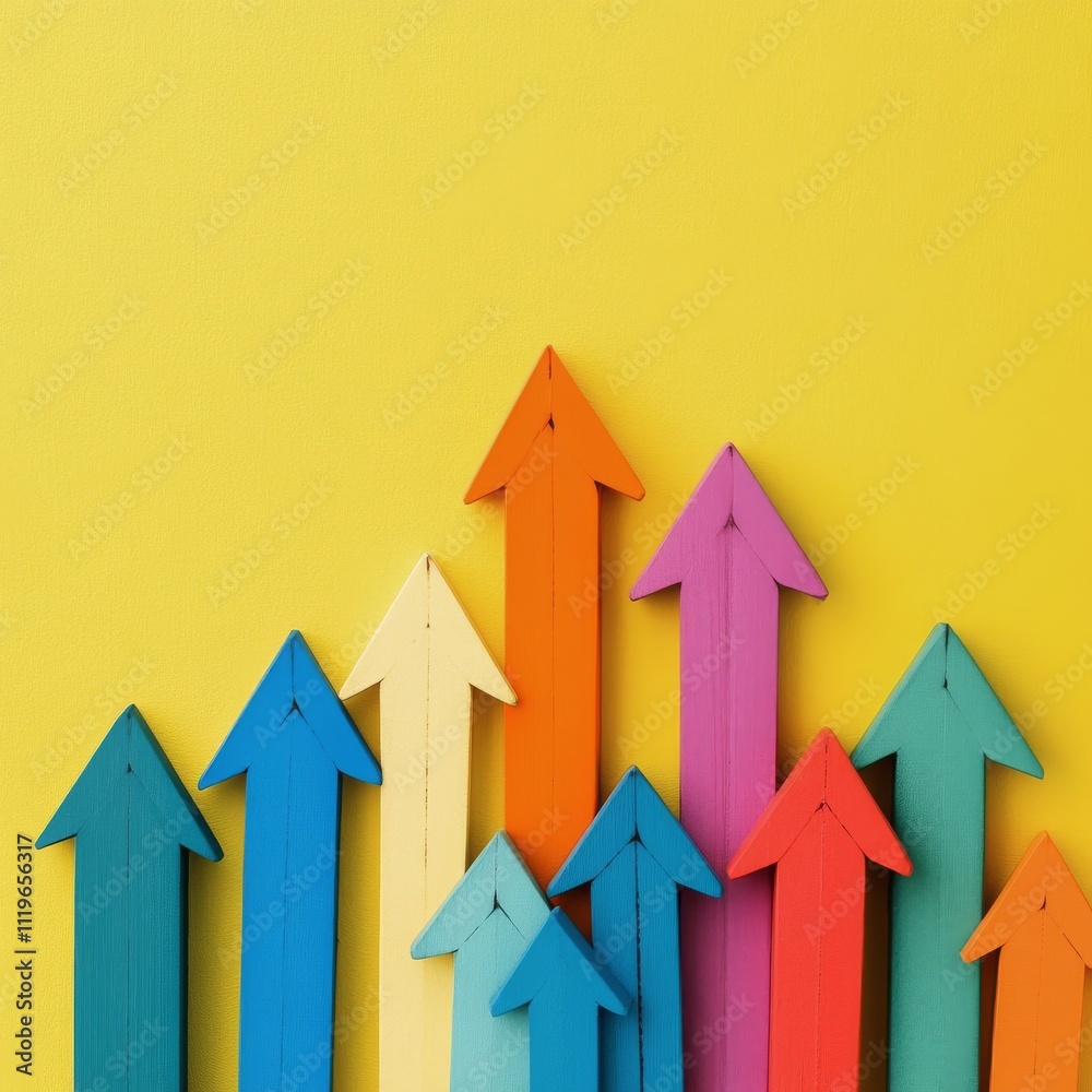 Colorful arrows pointing upwards on a vibrant yellow background illustrating growth and progress Colorful arrows pointing upwards on a vibrant yellow background illustrating growth and progress
