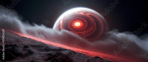 A gas giant with stormy cloud swirls in shades of red and white with its moons glowing faintly nearby photo