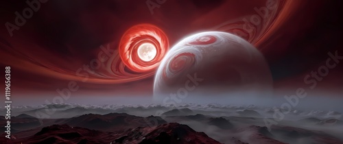 A gas giant with stormy cloud swirls in shades of red and white with its moons glowing faintly nearby photo