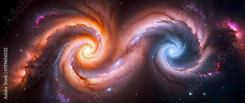 A galaxy collision with two swirling galaxies entangled their arms mixing in bursts of bright orange and pink photo