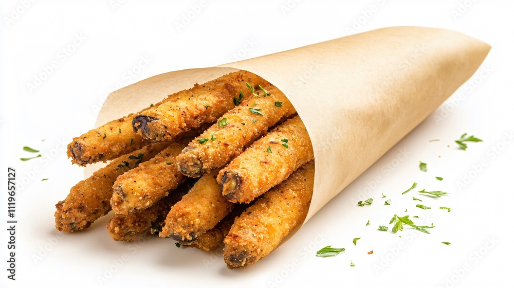 French fried eggplant sticks served in a cone of parchment paper, isolated on a white background with subtle decorative elements French fried eggplant sticks served in a cone of parchment paper, isolated on a white background with subtle decorative elements