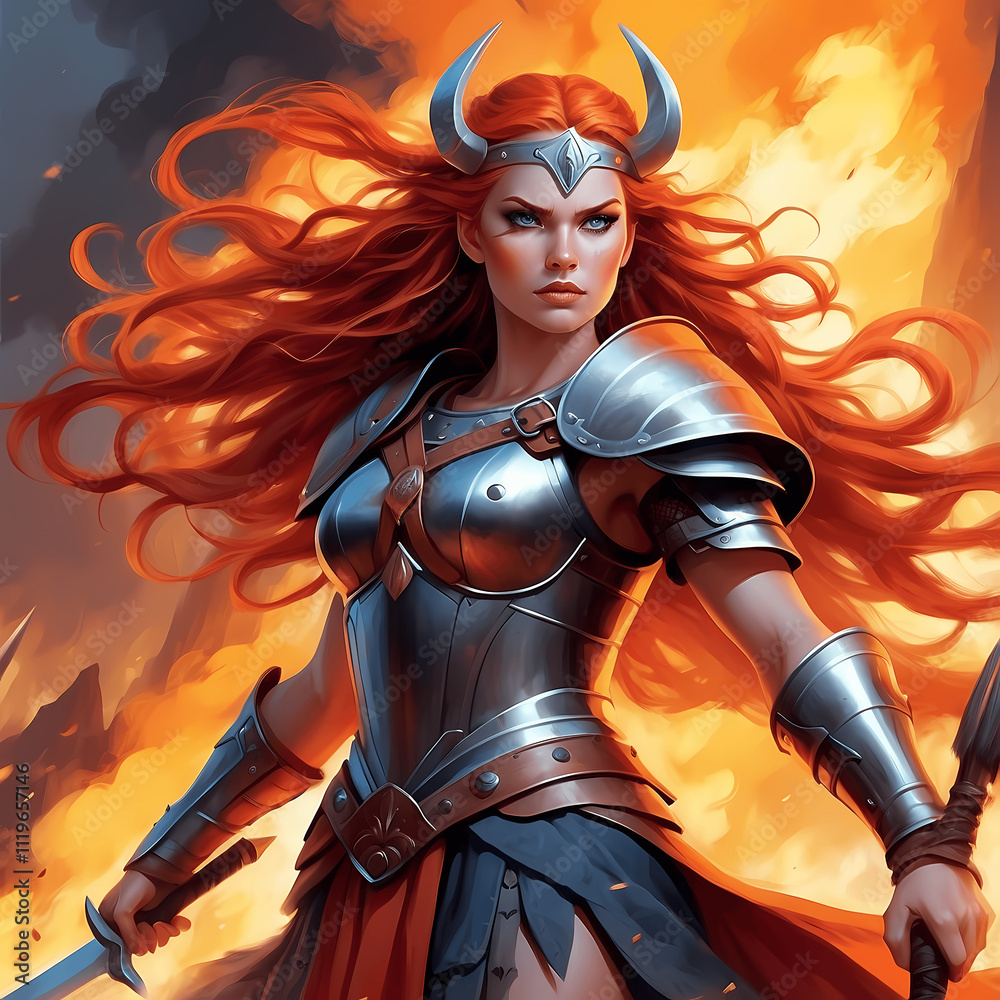 Fierce warrior stands in battle-ready pose amidst flames and smoke in a fantasy setting