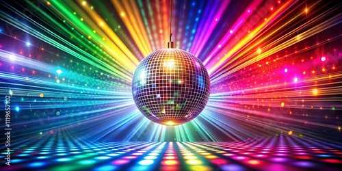 A shimmering disco ball hangs amidst vibrant, multicolored light rays illuminating a dazzling dance floor