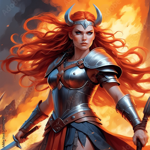 Obraz na płótnie Fierce warrior stands in battle-ready pose amidst flames and smoke in a fantasy setting w salonie
