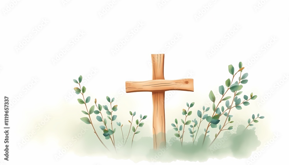 Simple wooden cross surrounded by spring greenery. Simple wooden cross surrounded by spring greenery.