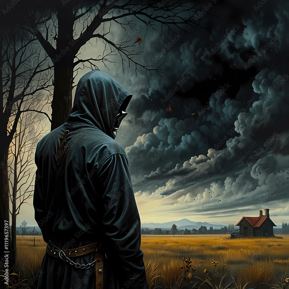 Dark figure stands in a field watching a storm approach a distant cabin during twilight hours