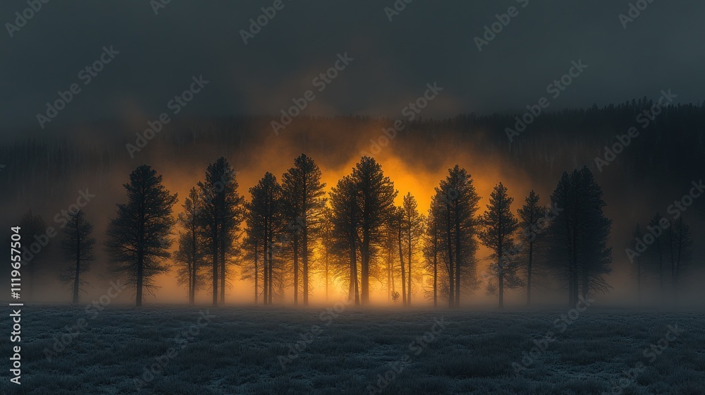 Fototapeta premium Sunrise silhouettes of pine trees in a misty field.
