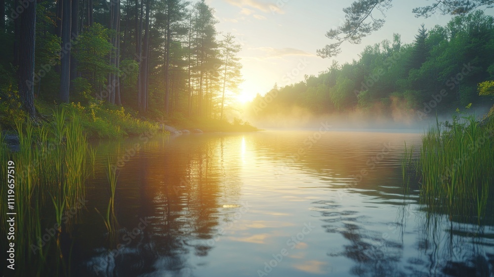 Sunrise over tranquil lake in misty forest. Sunrise over tranquil lake in misty forest.