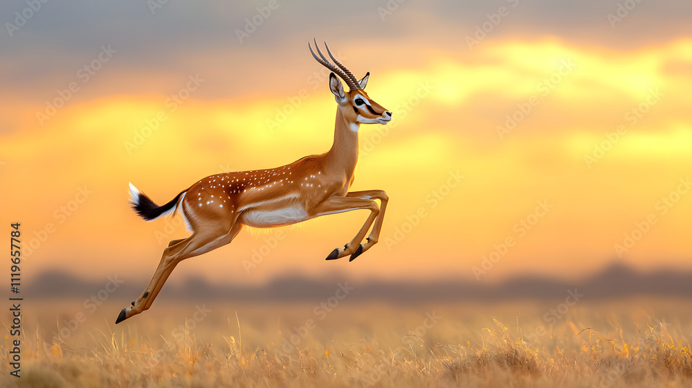 Graceful antelope leaping at sunset african savanna wildlife photography natural habitat dynamic scene motion capture