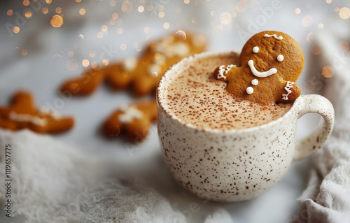 Gingerbread man floating in hot chocolate cup