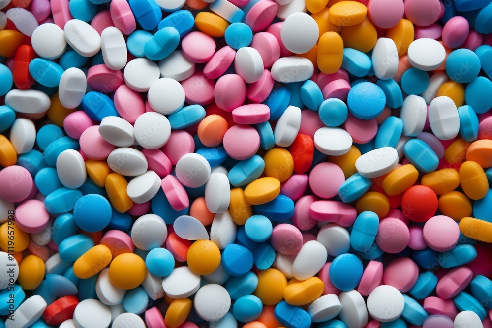 A variety of colorful and uniquely shaped pills displayed together for medical use A variety of colorful and uniquely shaped pills displayed together for medical use
