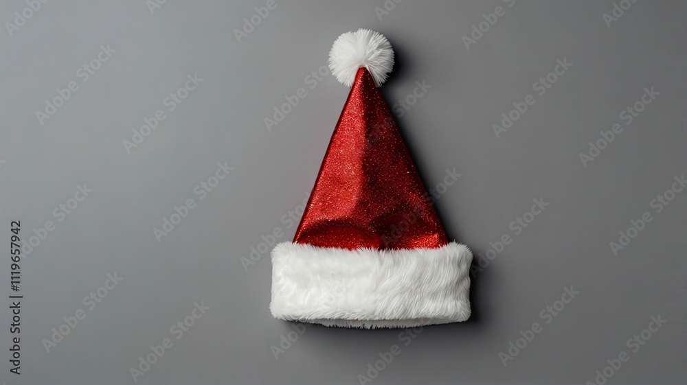Christmas hat on gray background and some christmas baubles. Christmas template. Chirstmas background. Christmas and happy new year Concept. Top View, Flat lay. Negative Space Christmas hat on gray background and some christmas baubles. Christmas template. Chirstmas background. Christmas and happy new year Concept. Top View, Flat lay. Negative Space