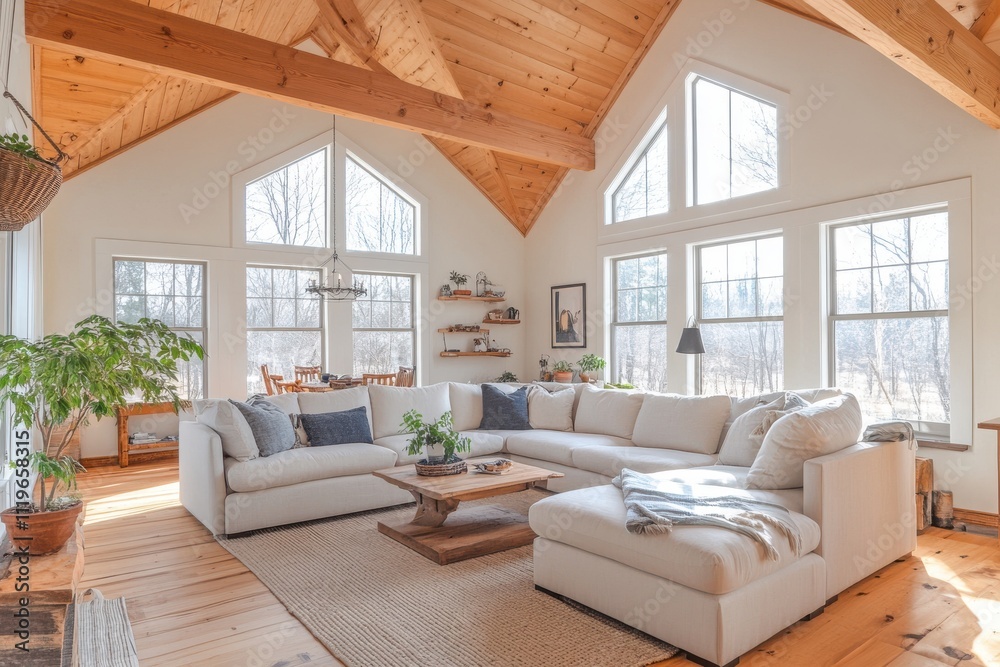 Fototapeta premium Spacious modern farmhouse interior vaulted wooden ceiling