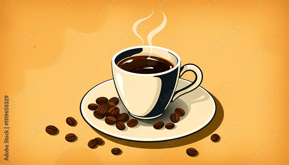 Obraz premium Steaming cup of coffee with beans. Vintage style illustration.