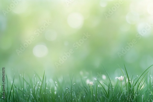 Dewy grass glistens under soft morning light in a tranquil natural setting