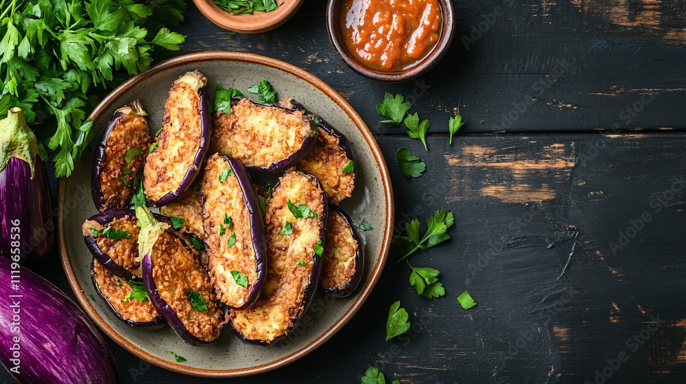 Rustic wooden table with French fried eggplant on a ceramic plate, surrounded by fresh eggplants and a small bowl of sauce Rustic wooden table with French fried eggplant on a ceramic plate, surrounded by fresh eggplants and a small bowl of sauce